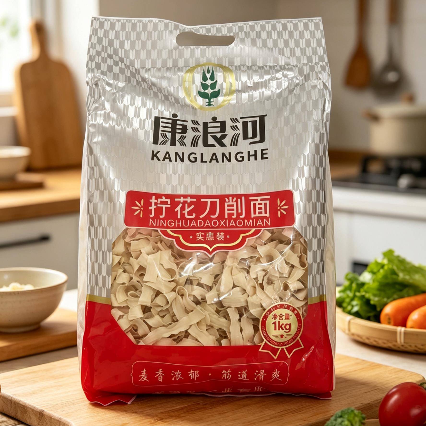 新日期康浪河拧花刀削面1kg/袋装宽面油泼面烩面挂面 家用速食早
