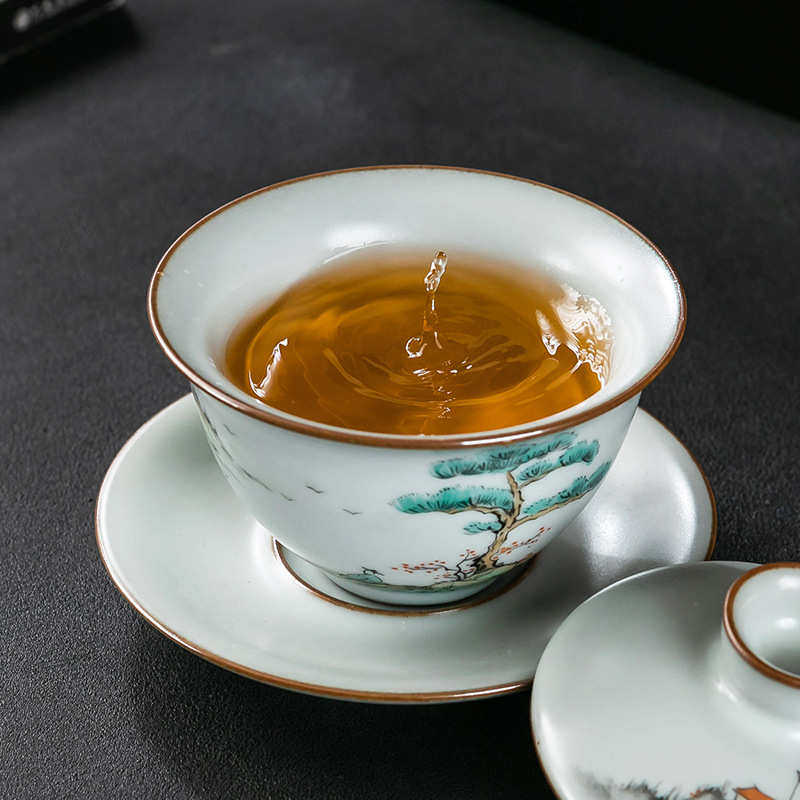 手绘铁碗泡茶烫手李斌单个汝窑手工矾大号陶瓷不三才红胎盖碗茶杯