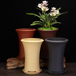 紫砂花盆精品陶瓷兰花专用盆束腰高盆带底座兰草蕙春兰君子兰