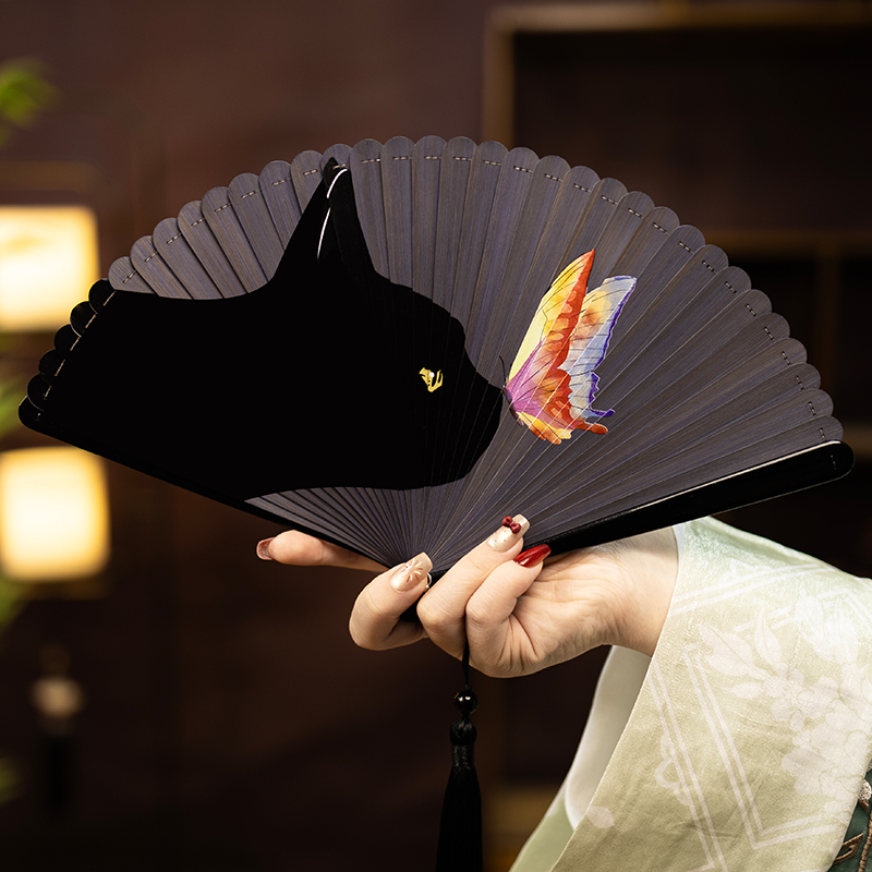 古风扇子全竹折扇中国风女古典小舞蹈扇黑色夏季猫咪彩蝶全竹扇子