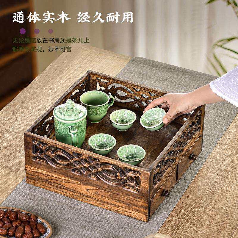 泰式实木柚木收纳盒茶具茶杯茶壶收纳架客厅茶几置物架文房都承盘