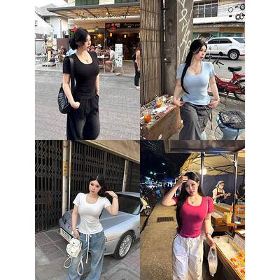 黑泽玄七短袖t恤女2026春夏新款微胖大尺码修身显瘦多色内搭u领上
