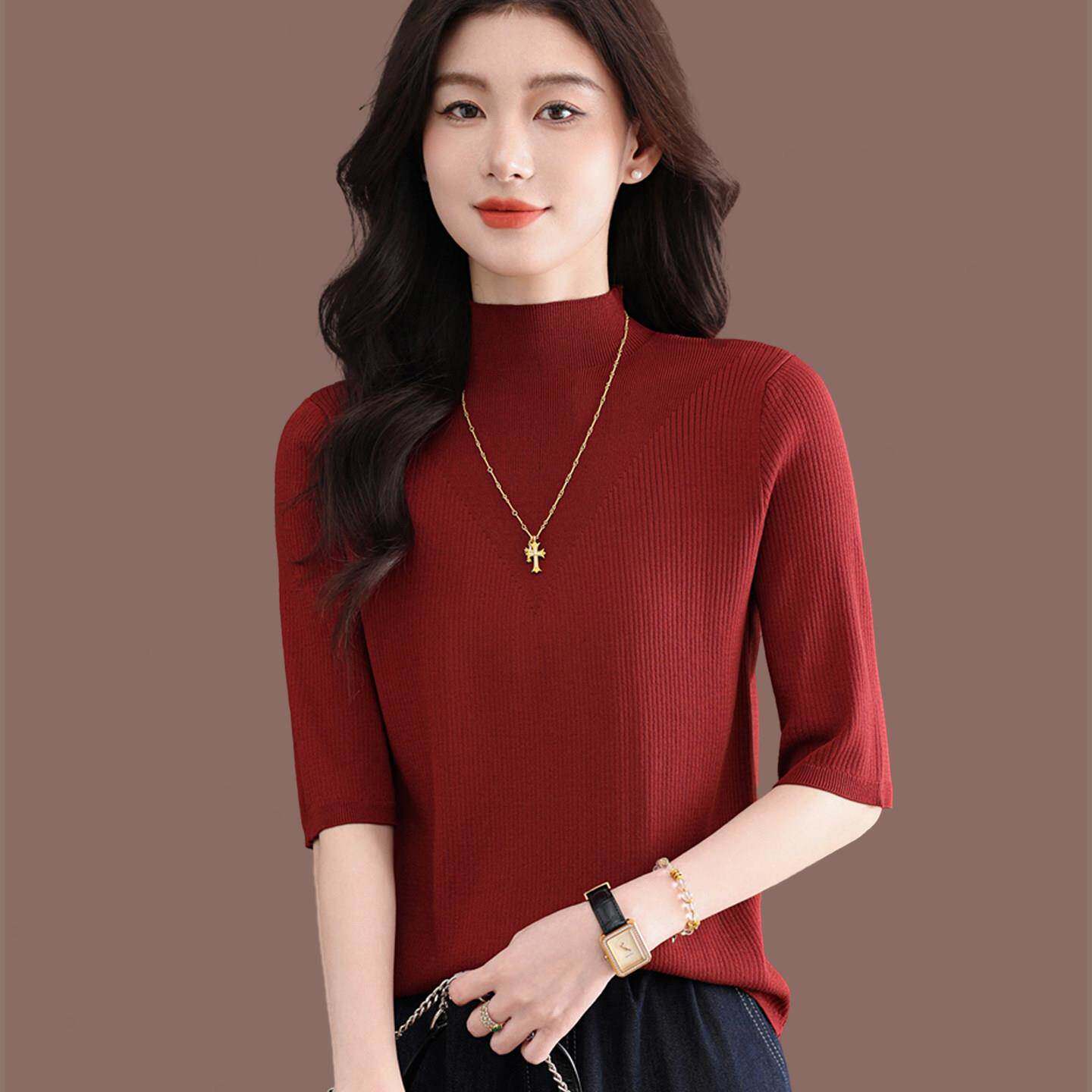 夏季半高领桑蚕丝针织衫女红色薄款打底衫高级感中袖t恤春秋上衣