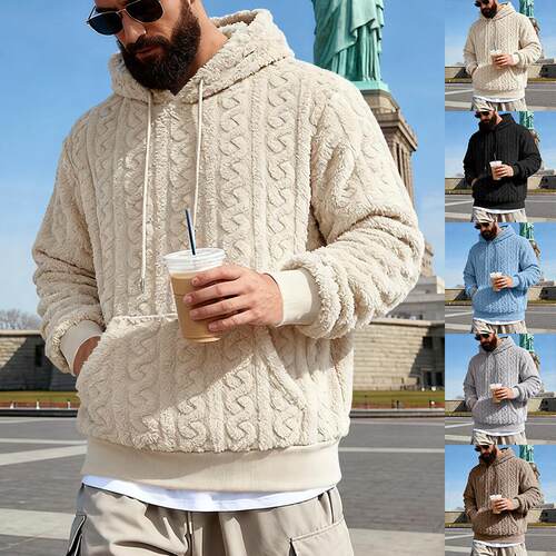 Men Winter Fleece Hooded Sweatshirt Teddy Jacquard Sleeve