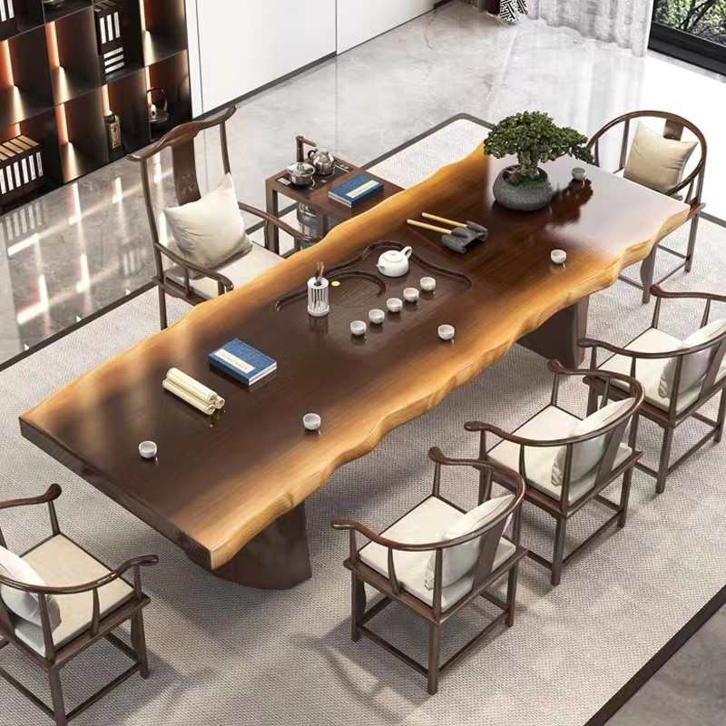 新中式实木茶桌 办公室原木大板茶桌椅组合 家用自然边泡茶台茶几