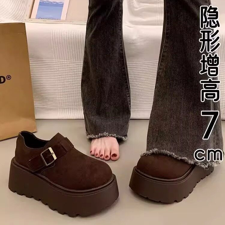 香港真皮厚底加绒勃肯鞋女秋冬2025新款一脚蹬松糕增高乐福棉单鞋