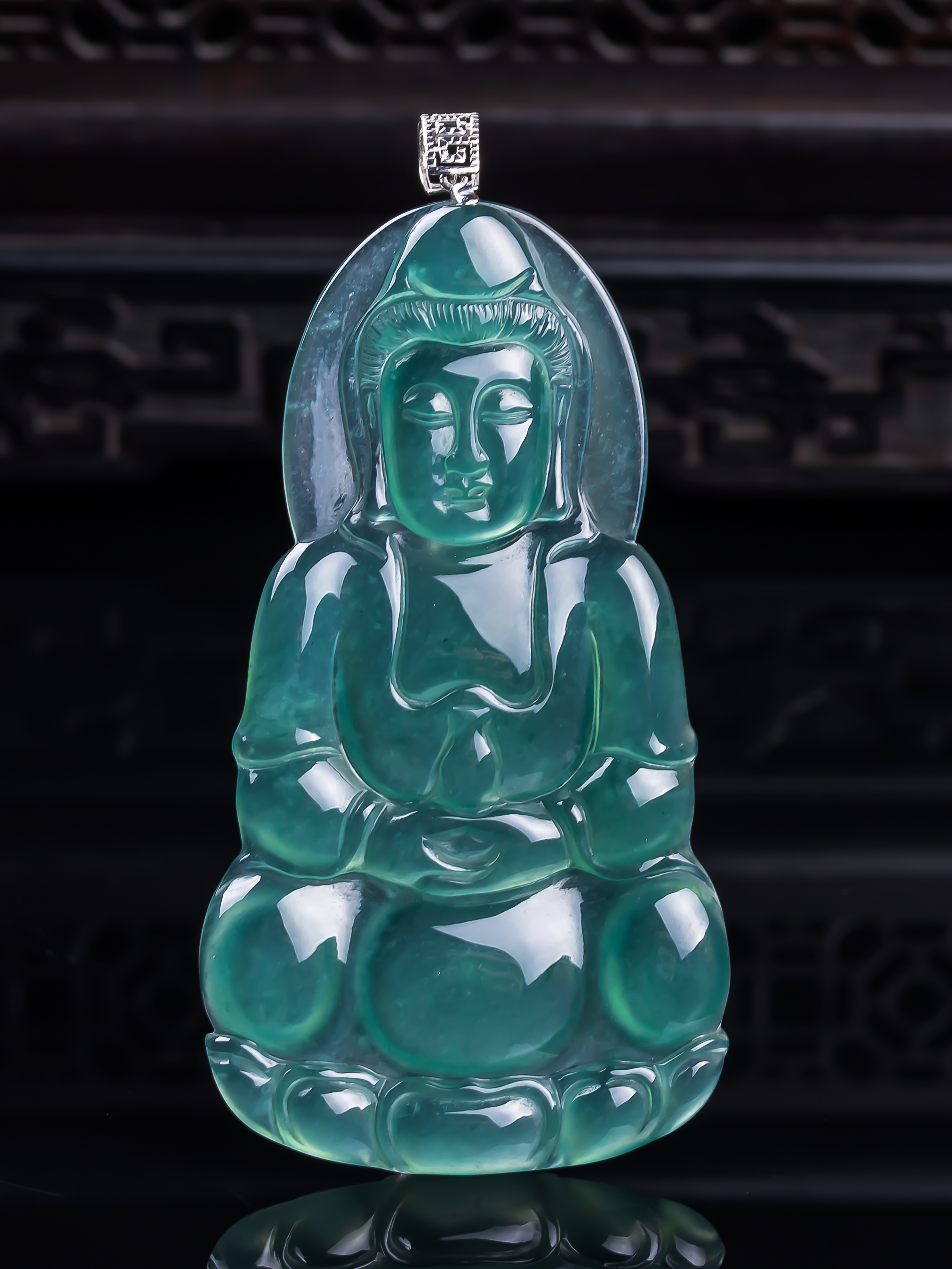 天然真品18K金镶嵌翡翠冰蓝水天空蓝闪拍正装观音玉石吊坠17.73g