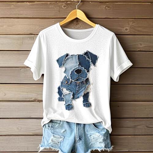Women's Cute Dog Print Crew Neck Short Sleeve T-Shirt