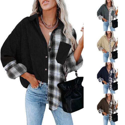 Checkered shirt women's long sleeved pocket lining