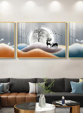 网红现代轻客约厅装饰画麋三鹿沙发背景墙联画简风奢金框晶瓷画出