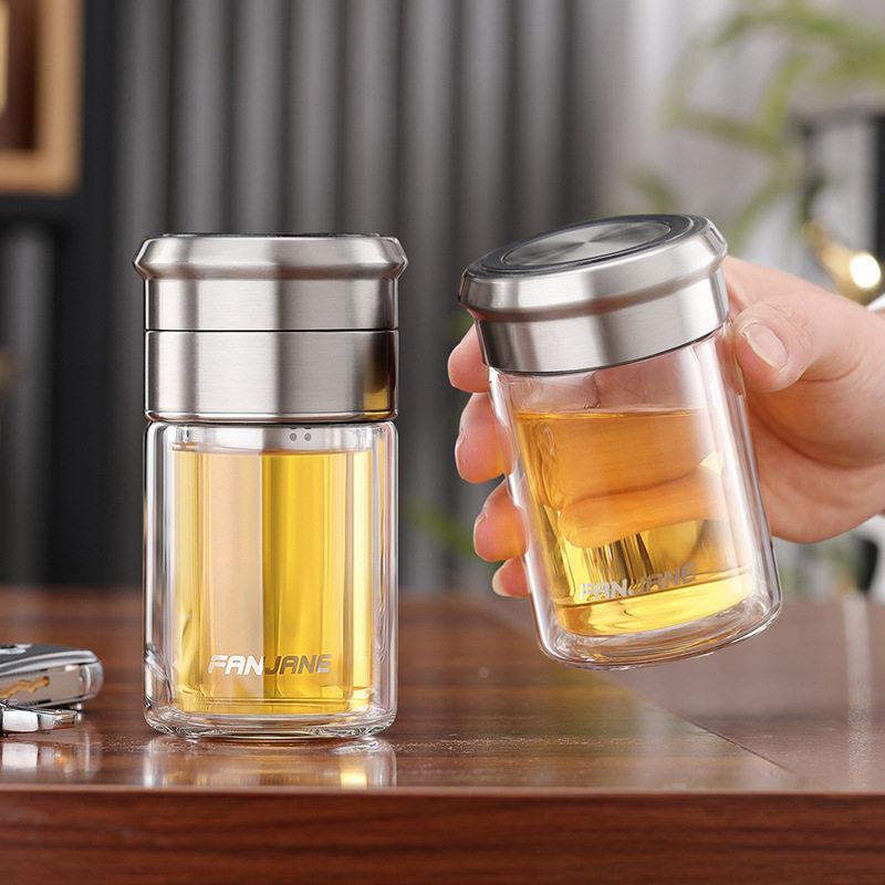 一杯两用茶水分离泡茶杯双层防烫隔热玻璃杯可携式简约车载旅行水