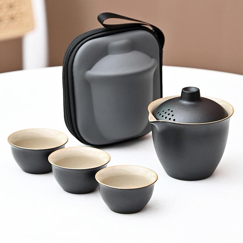 黑陶旅行茶具快客杯一壶三杯便携盖碗户外套装小套露营礼品收纳包