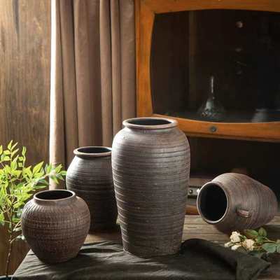 手工复古粗陶花瓶花器陶罐插干花水培鲜花栽培透气土陶罐