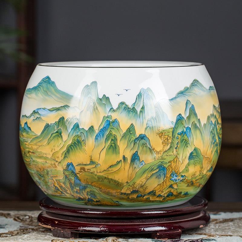 景德镇陶瓷聚宝盆摆件乔迁礼物生财旺财大号小号山水画 画花瓶底