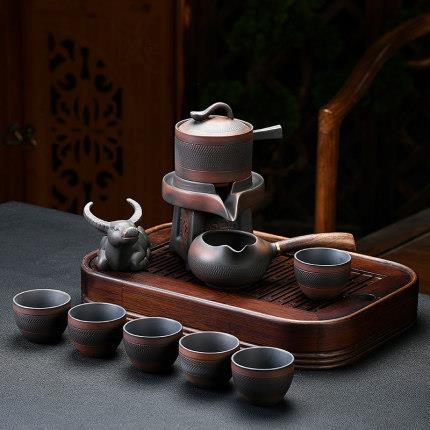 紫陶功夫牛茶具套装家用简约办公室石磨茶盘自动泡茶茶壶茶杯整套