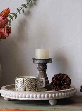 法式复古风木珠托盘美式示乡村家用茶厅盘咖啡厅餐展收盘圆NOG形