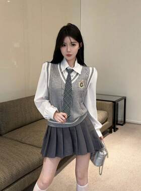 韩系学院风JK套装秋冬季jk制服马甲背心衬衫百褶裙洋气三件套装女