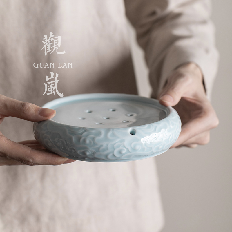 观岚复古圆形祥云蓄水壶承壶托陶瓷茶托功夫茶具家用手工干泡茶盘