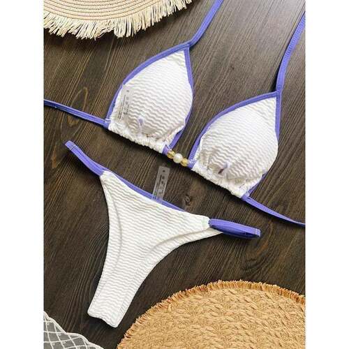 N 47579 Special Fabric Pearl Trim Solid Color Bikini 特殊面