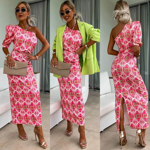 Women's slit off off shoulder printed waist cinched dress
