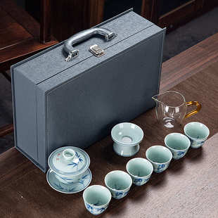 复古青瓷手绘功夫茶具套装茶杯陶瓷盖碗高档中式商务公司礼品