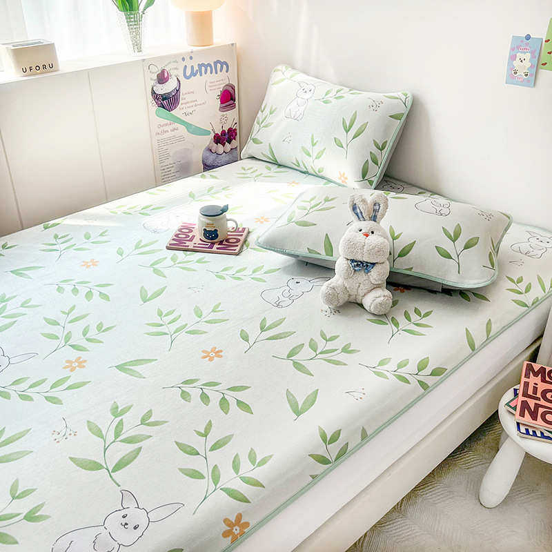 夏季可水洗冰丝席三件套床笠款冰丝碳光凉席可折叠加厚印花凉席