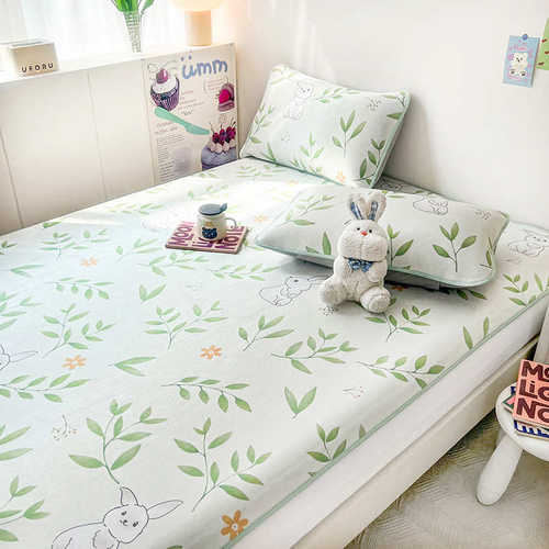 夏季可水洗冰丝席三件套床笠款冰丝碳光凉席可折叠加厚印花凉席