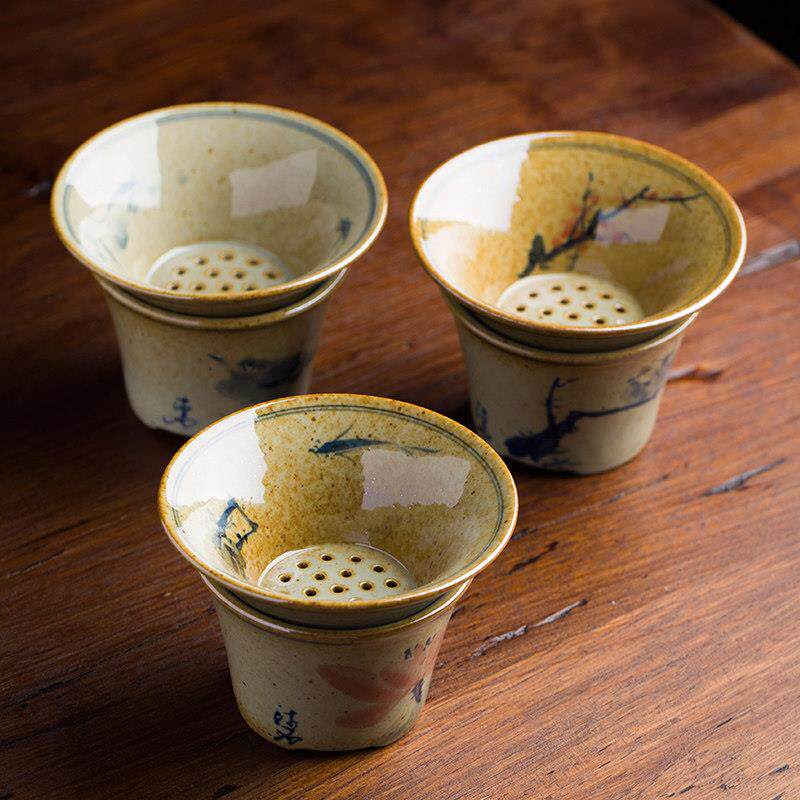 青花釉下彩手绘茶道景德镇陶瓷滤茶器覆古粗陶不开口滤茶具