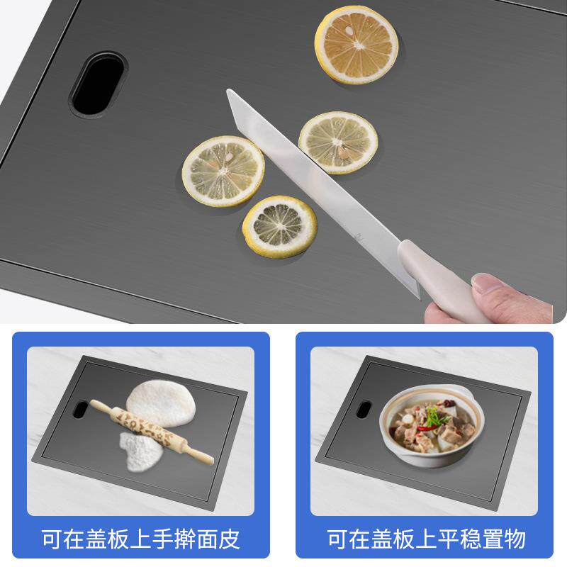 吧台岛水槽台纳单米黑色304不锈钢迷你带盖板55*45*23小中岛槽洗