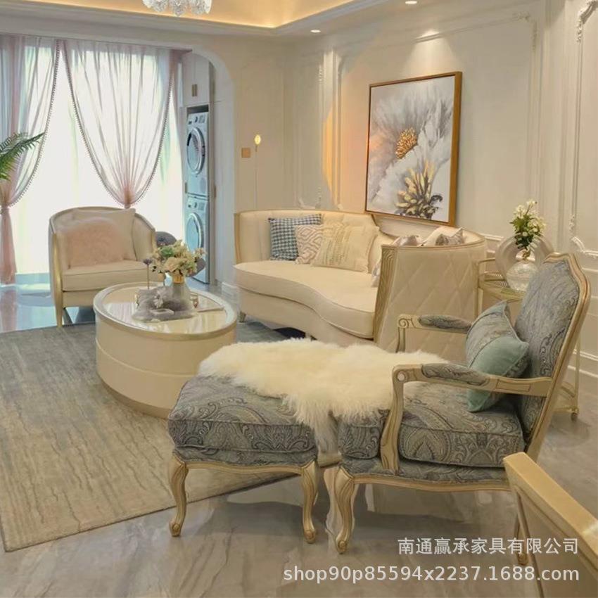美式轻奢单人沙发纯棉印花布艺别墅老虎椅客厅ART沙发椅实木脚蹬