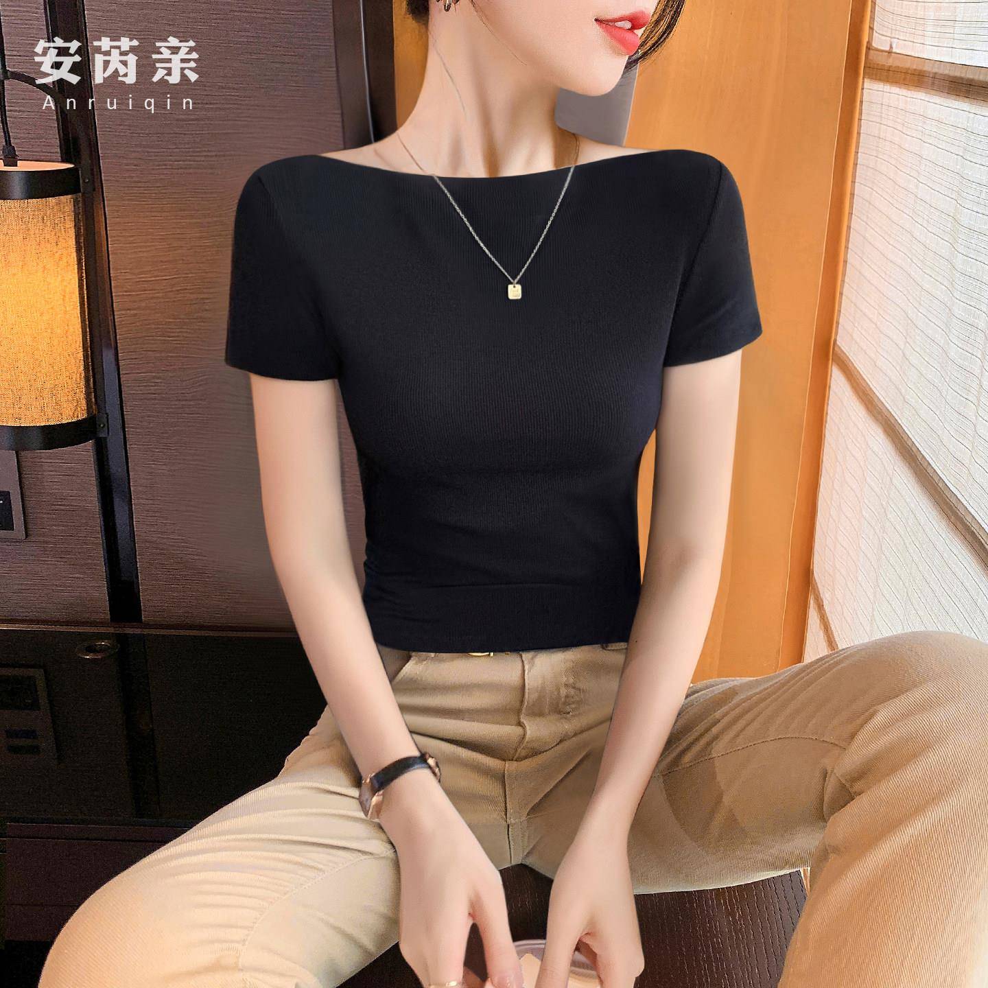 黑色一字肩短袖t恤女2026新款露肩修身高腰显瘦性感上衣春夏外穿