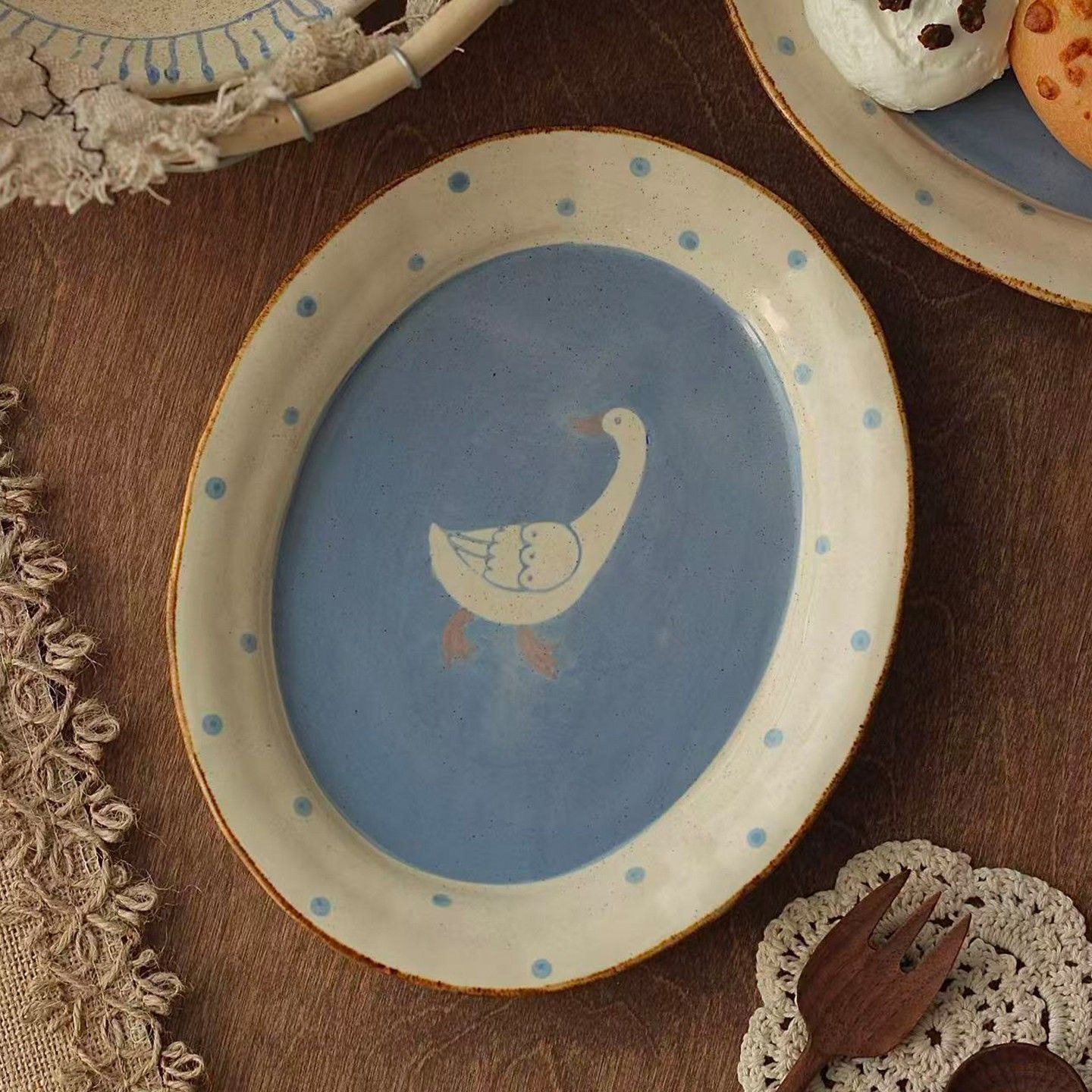 胡桃集市手作早餐盘蓝色釉下彩陶瓷盘子鱼盘椭圆盘甜品盘牛排盘