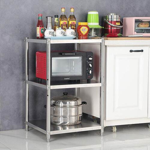 不锈钢厨房置物架家用落地三层收纳锅架微波炉架子烤箱储物蔬菜架 - 封面