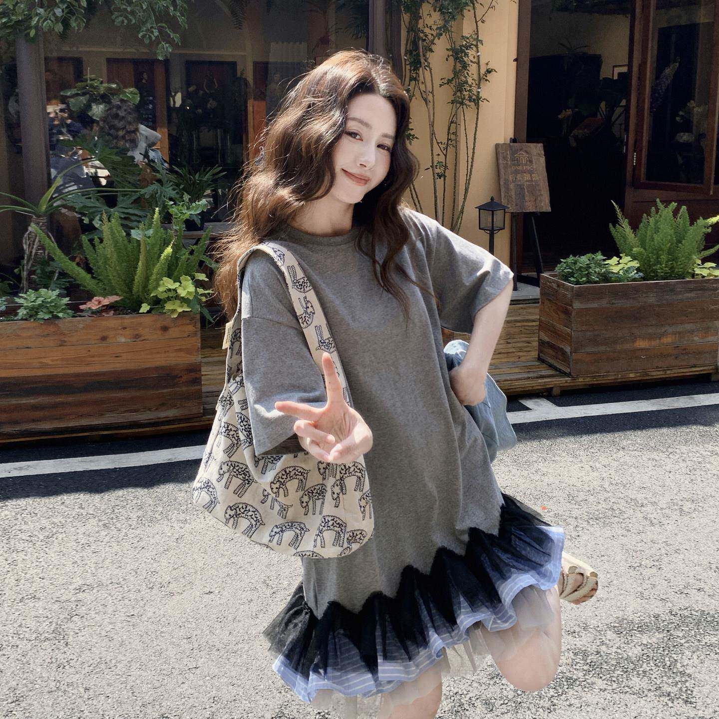 韩系休闲T裙女2026夏新款日常通勤穿搭设计感网纱拼接裙摆洋装