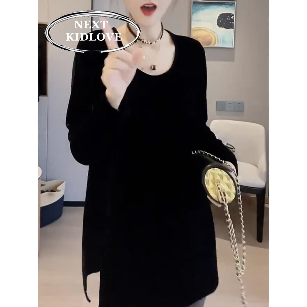 香港时尚中长版丝绒长袖T恤女春秋新款宽松显瘦开叉打底衫上衣潮