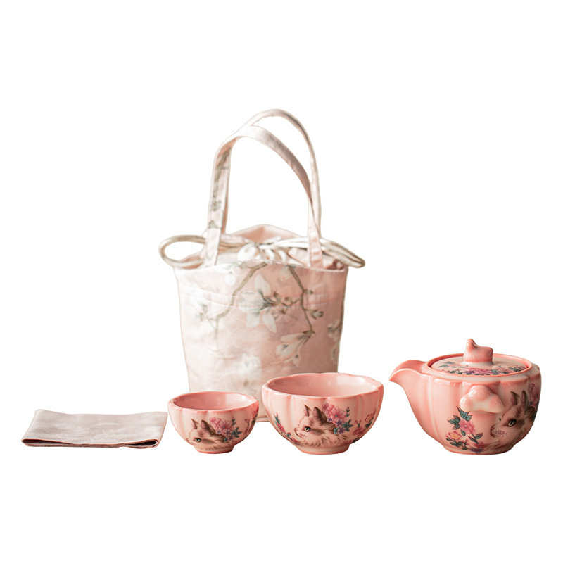 红粉猪油冻旅行茶具一壶二杯便携式快客杯户外差旅露营简易泡茶组