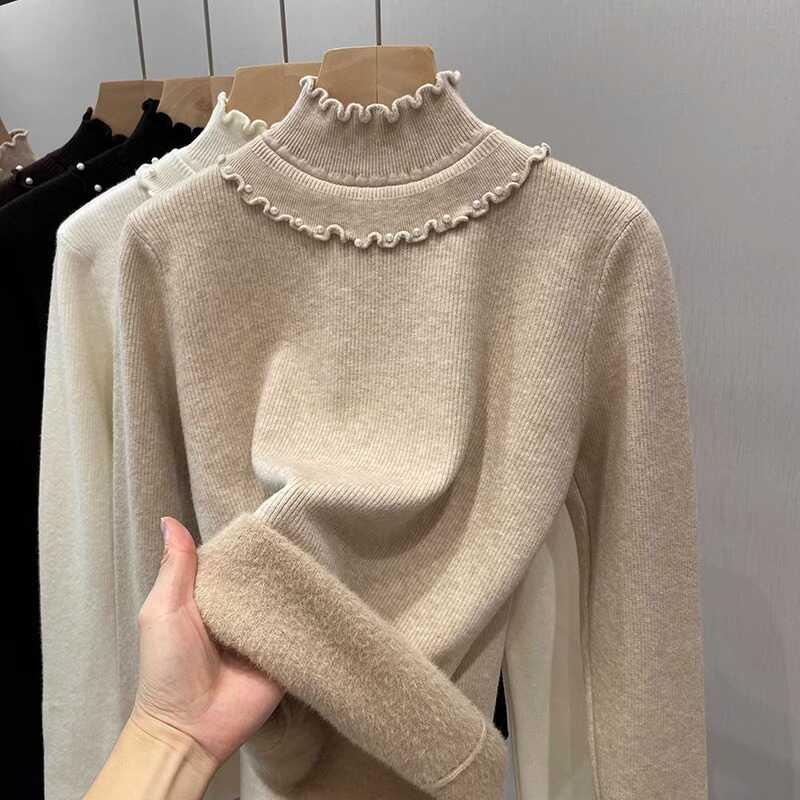秋冬季内搭一体绒毛衣女加厚设计感钉珠木耳边半高领针织打1024z