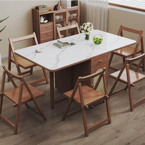 实木岩板折叠餐桌椅现代简约家用北欧小户型长方形可伸缩吃饭桌子