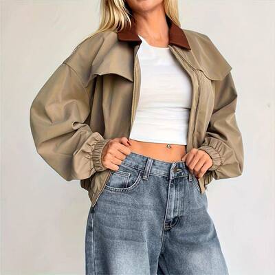 Women's Casual Colorblock Collar Woven Fitted Jacket