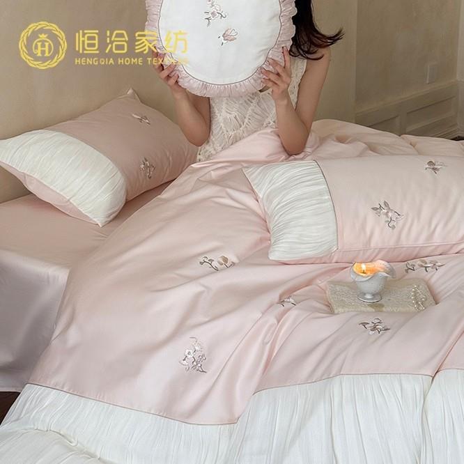 少女心超柔长绒棉四件套纯棉花卉刺绣1.2m拼接被套床笠床品粉紫色