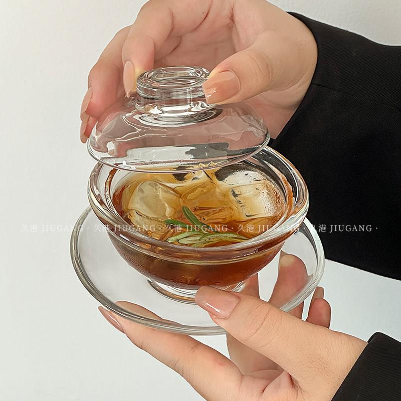 新中式燕窝盅带盖玻璃碗透明家用碗碟套装茶水杯咖啡杯糖水甜品碗