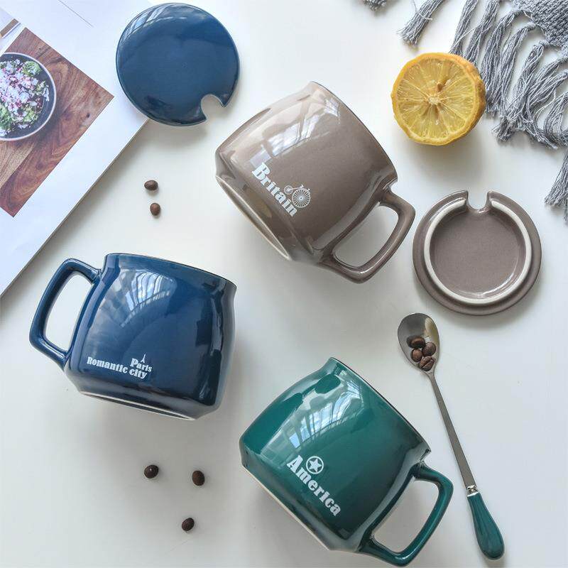 创意陶瓷大肚牛奶杯大容量家用燕麦片碗带盖勺早餐杯可微波炉加热