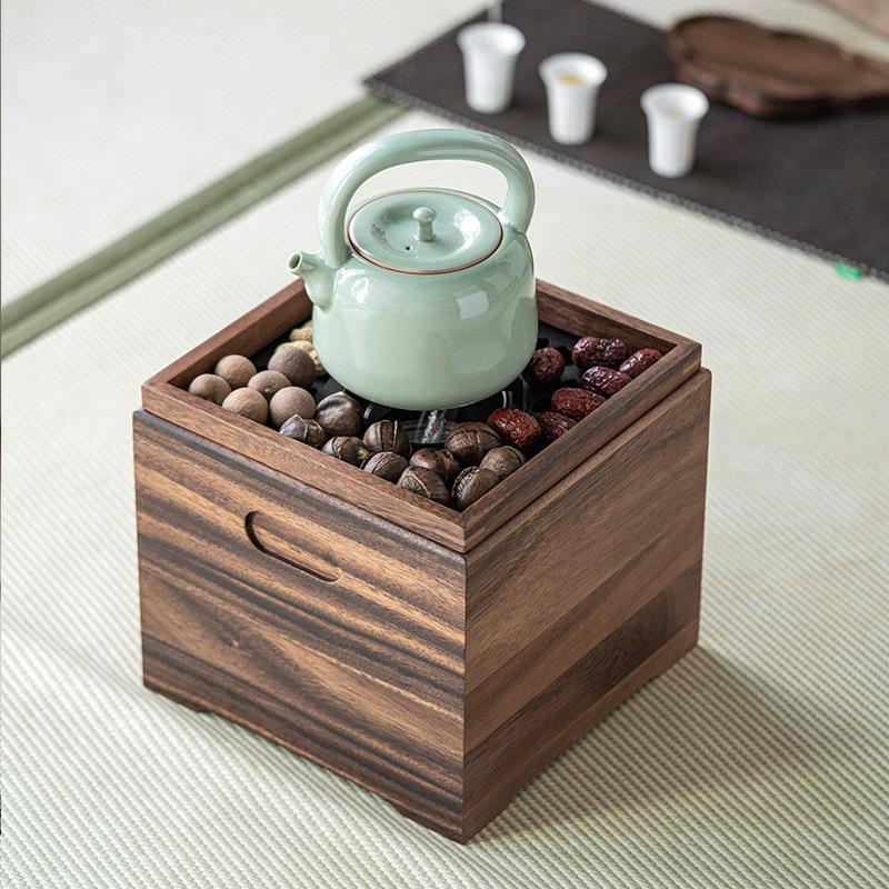 胡桃木实木围炉煮茶火炉新中式国风家用烧水茶室炉火钵取暖炭火炉