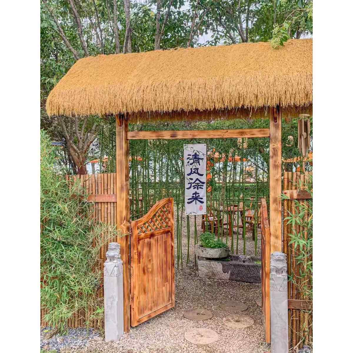 防腐木门楼户外木制中式庭院门楼定制花园入户门乡村小院茅草门头