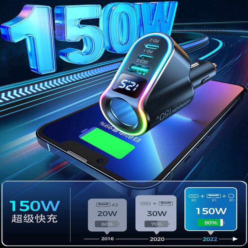 车载充电器超级快充汽车点烟器一拖三转换插头双Typec带电压显示