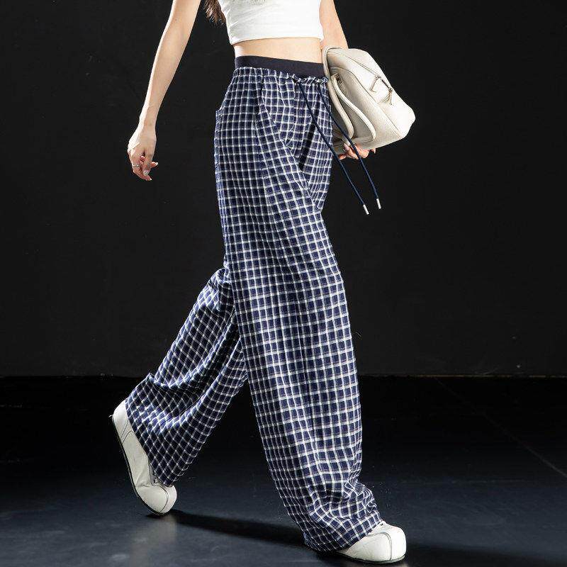 藏青色格子裤直筒休闲裤女时尚新款春夏薄款裤子宽松慵懒风阔腿裤