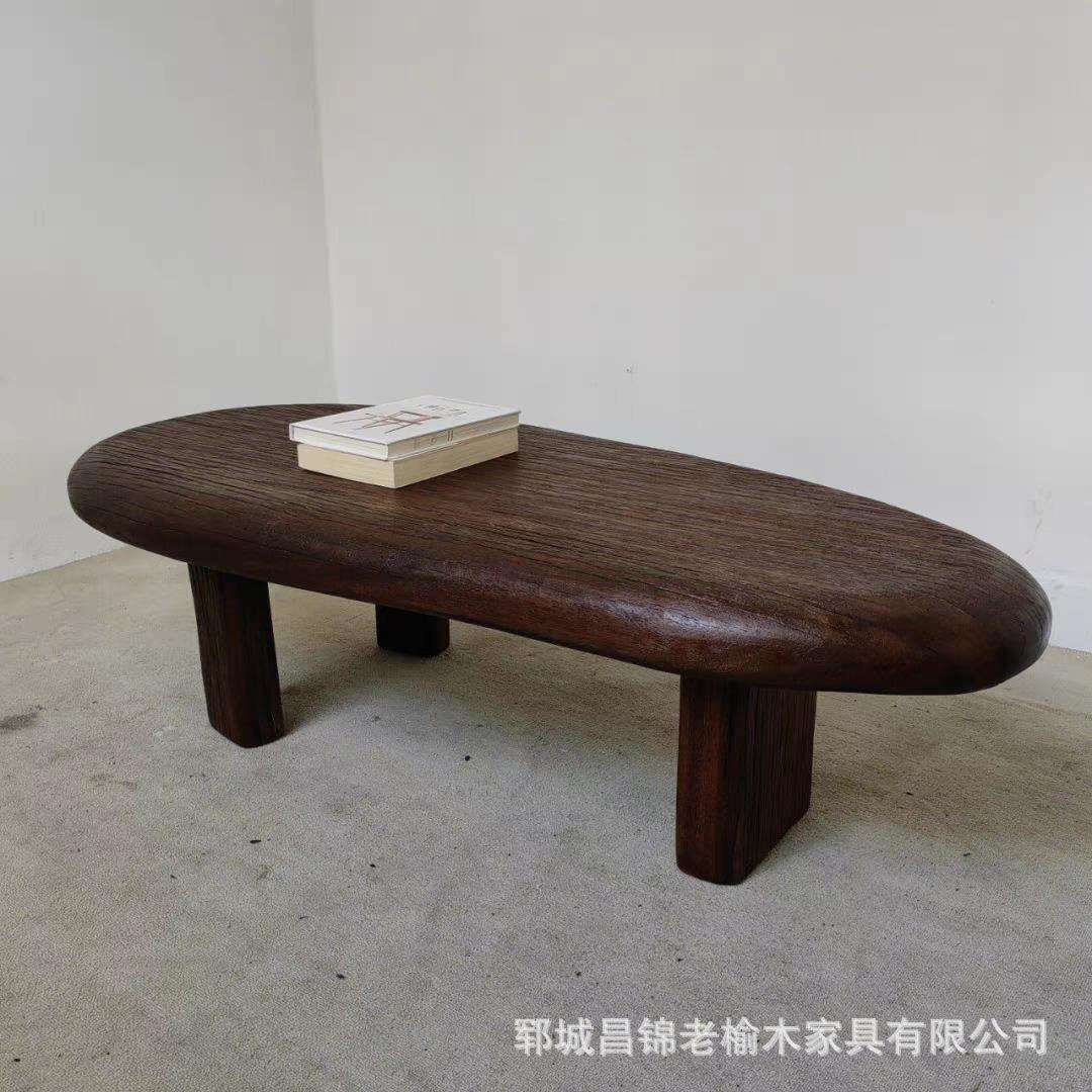 诧寂风老榆木茶几客厅桌面沙发实木小茶桌圆弧形设计民宿休闲矮桌