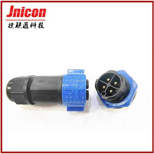 捷联通M25自锁4芯板端针座子加孔插头 50A电流IP67防水公母连接器