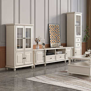 美式奶油风白色全实木电视柜茶几组合客厅家具套装原木地柜简约风