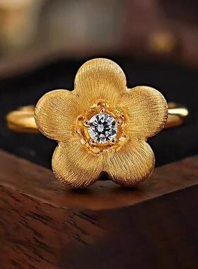 新中式国潮风古法拉丝点钻小金花朵可调节戒指宫廷风高级指环